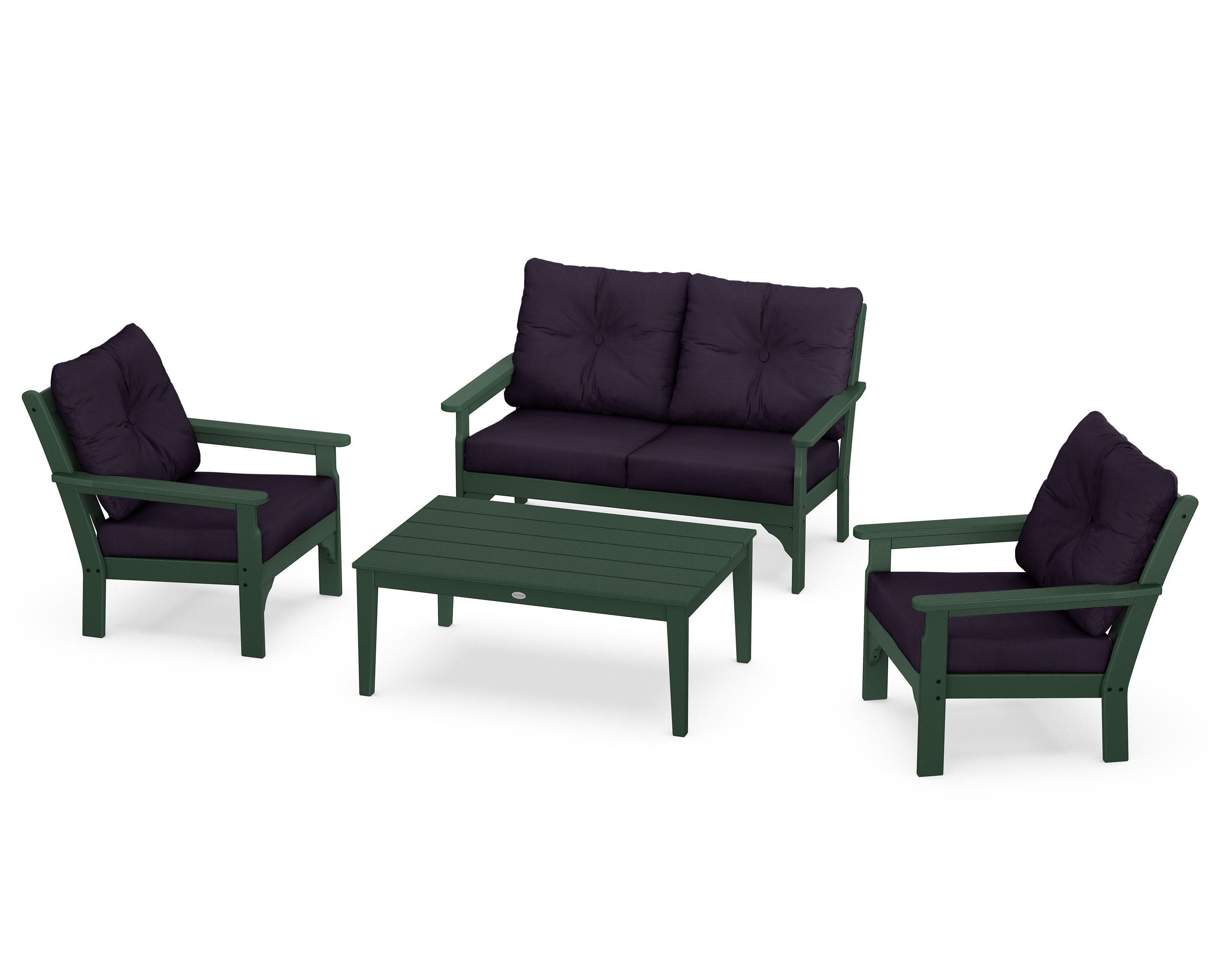 POLYWOOD® Vineyard 4-Piece Deep Seating Set in Green / Navy Linen