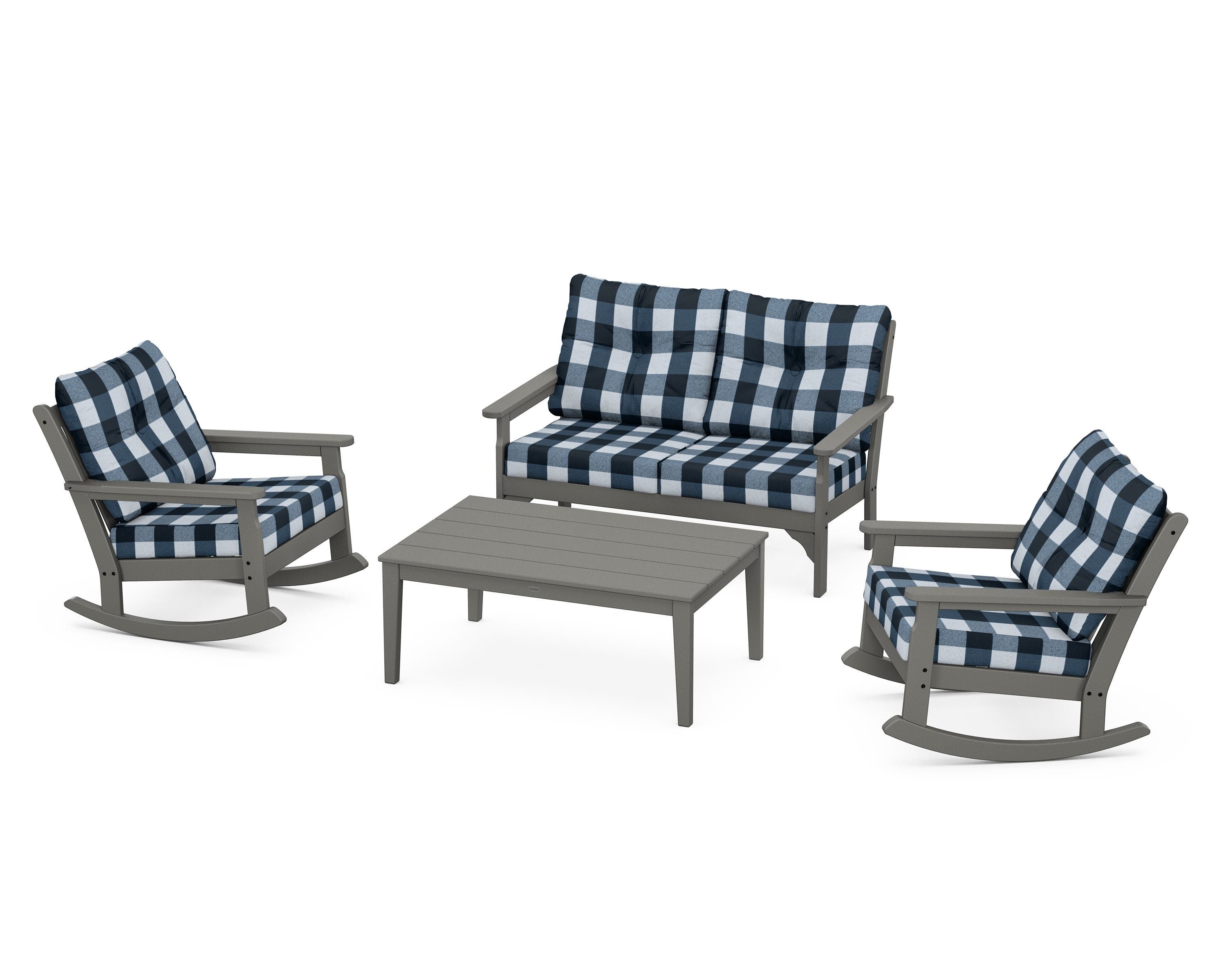 POLYWOOD® Vineyard 4-Piece Deep Seating Rocking Chair Set in Slate Grey / Buffalo Plaid Marine Indigo