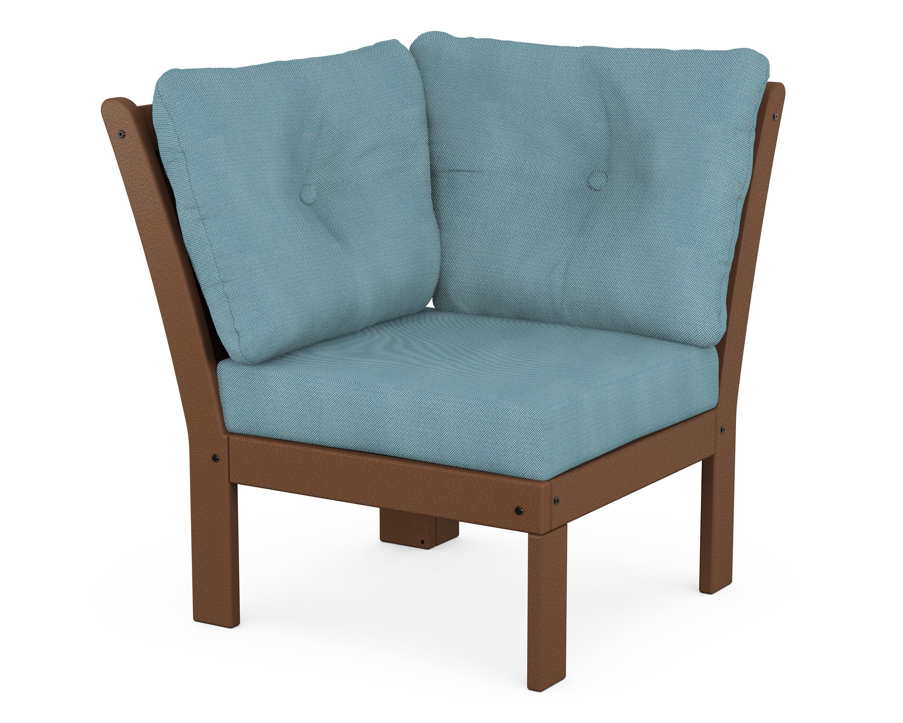 POLYWOOD® Vineyard Modular Corner Chair in Teak / Lattice Sky Blue