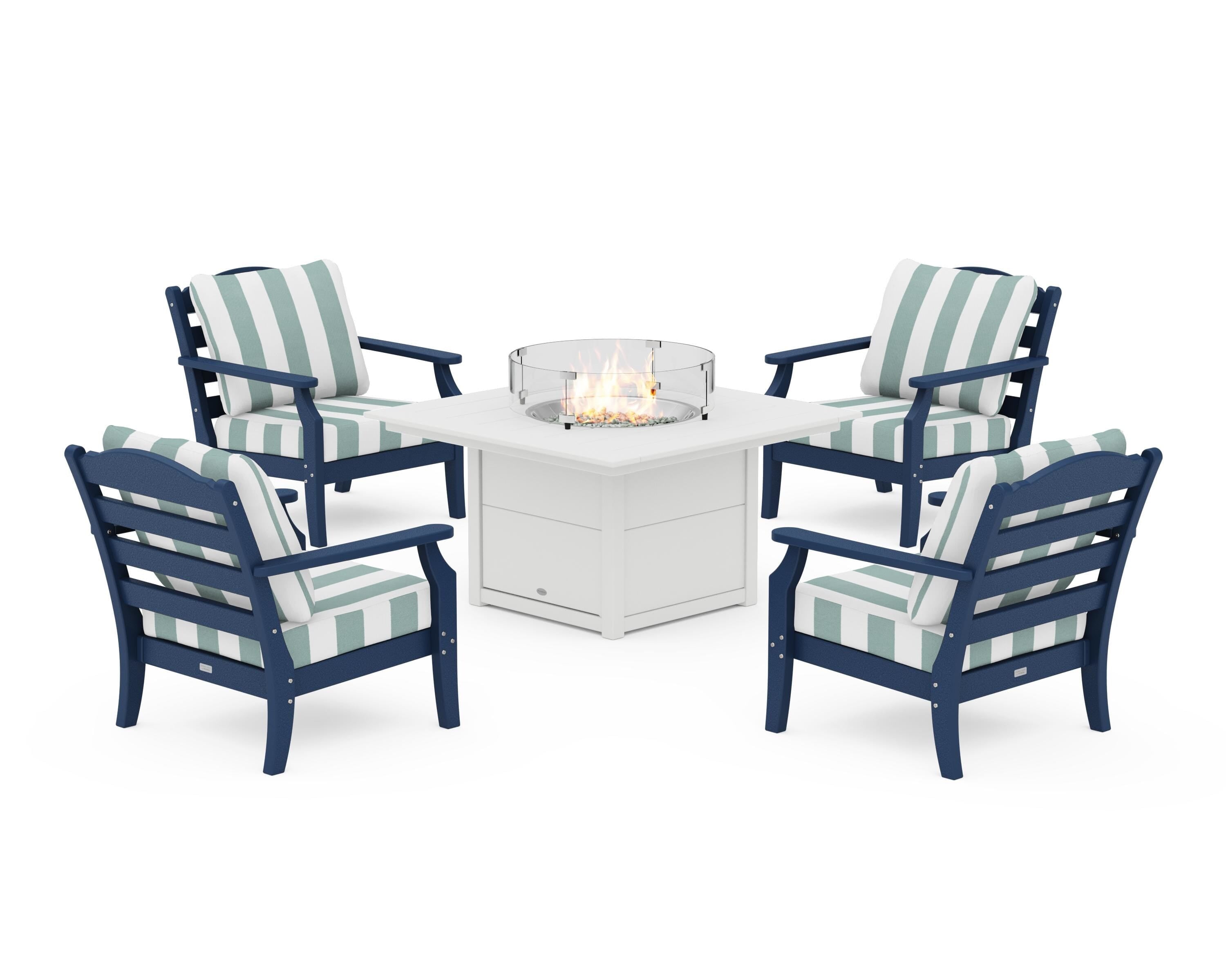 Draper James™ by  POLYWOOD® Savannah 5-Piece Deep Seating Set with Fire Pit Table in Navy / Cabana Stripe Glacier Spa