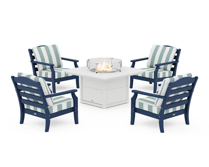 Draper James™ by  POLYWOOD® Savannah 5-Piece Deep Seating Set with Fire Pit Table in Navy / Cabana Stripe Glacier Spa