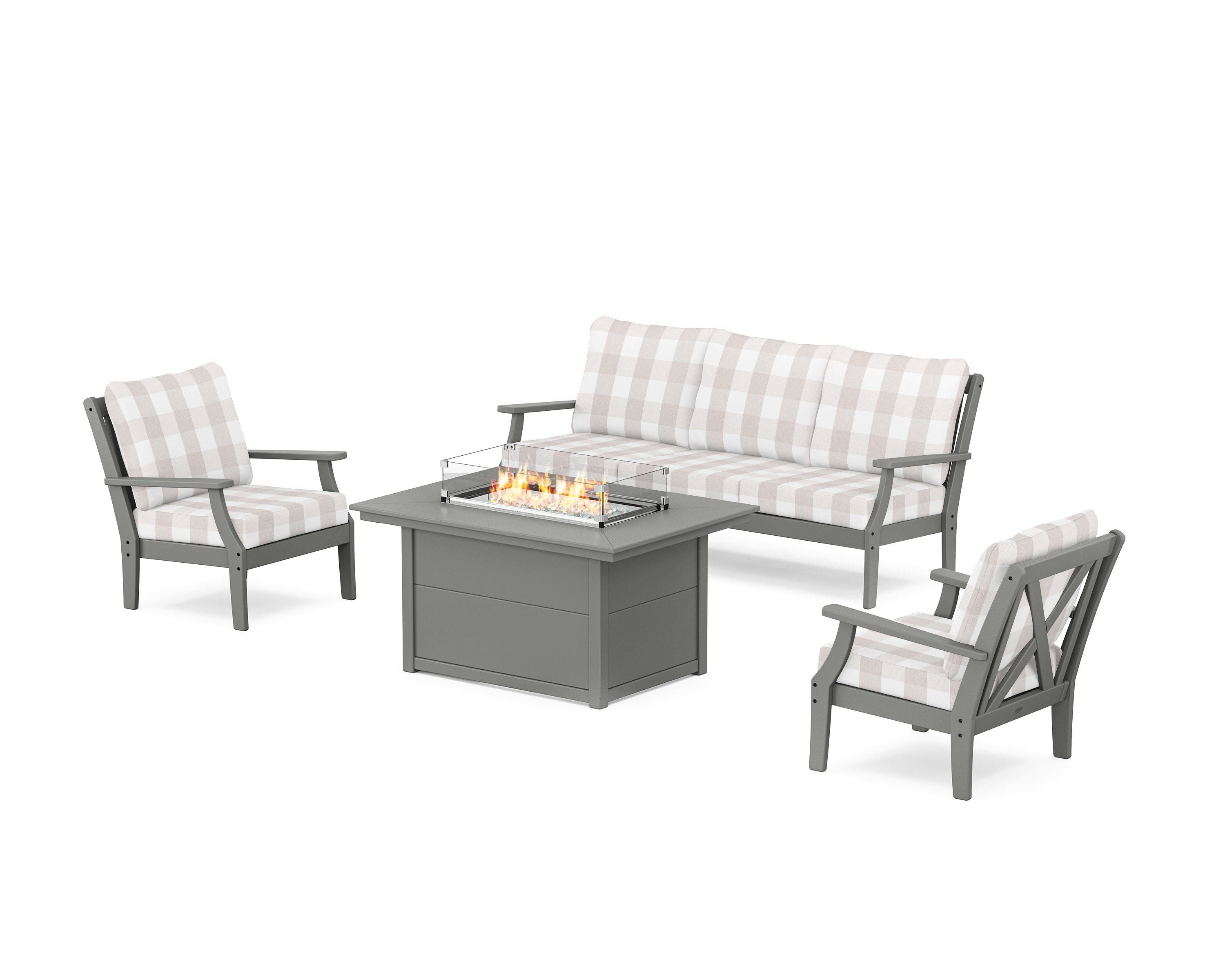 POLYWOOD® Braxton Deep Seating Fire Pit Table Set in Slate Grey / Buffalo Plaid Dune Burlap