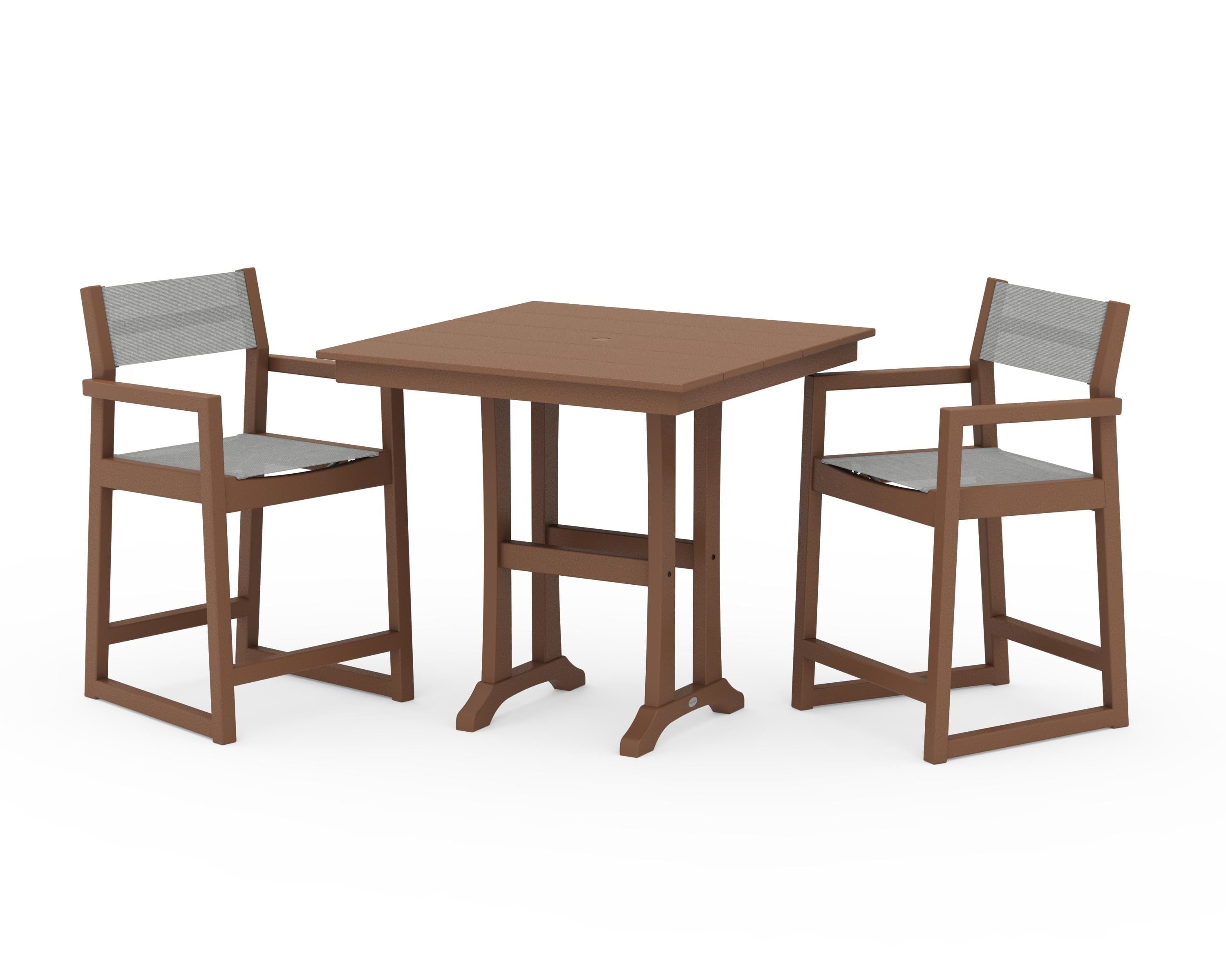 POLYWOOD® EDGE Sling Arm Chair 3-Piece Farmhouse Counter Set with Trestle Legs in Teak / Metallic Sling