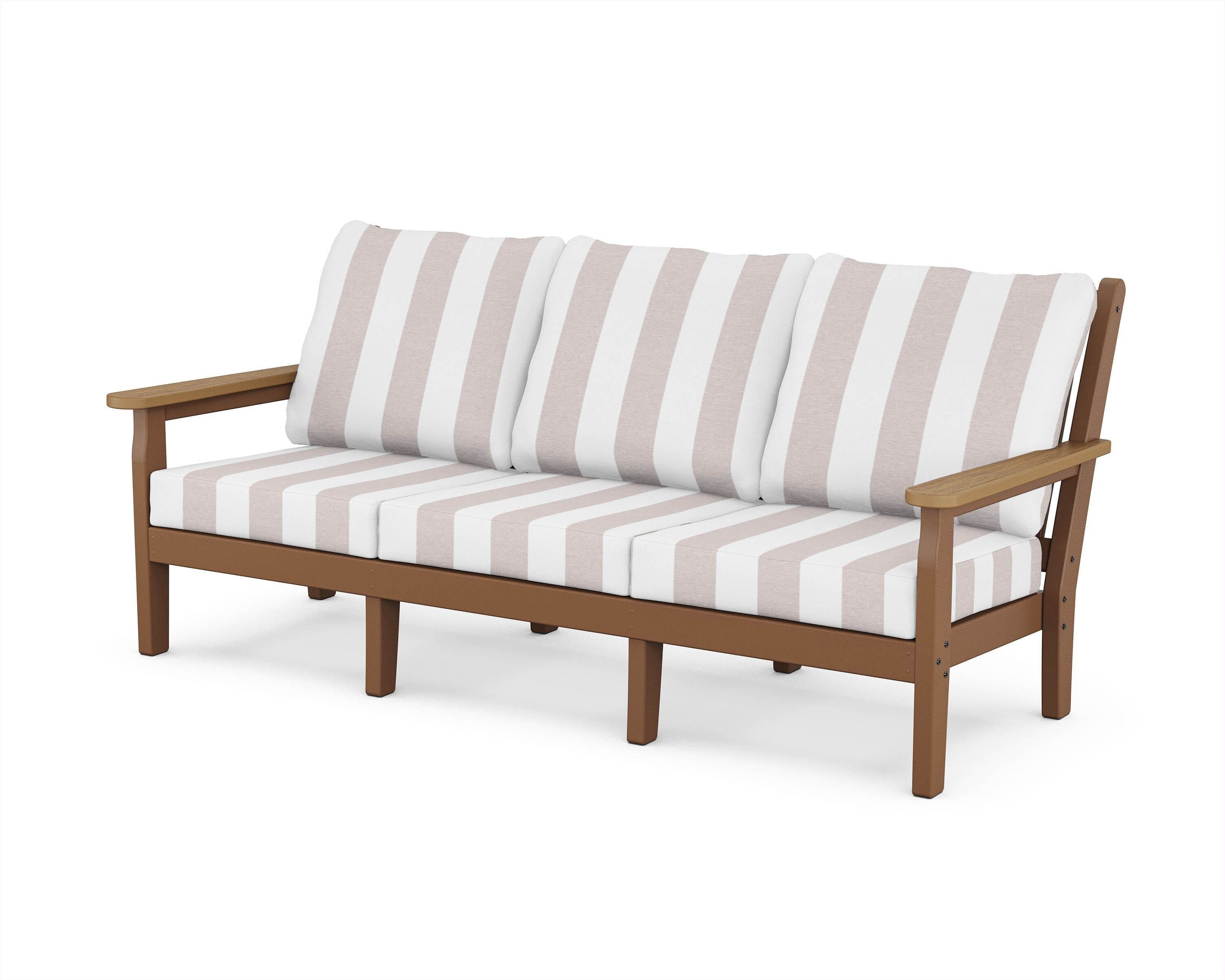 POLYWOOD® Chippendale Deep Seating Sofa in Teak / Natural / Cabana Stripe Dune Burlap