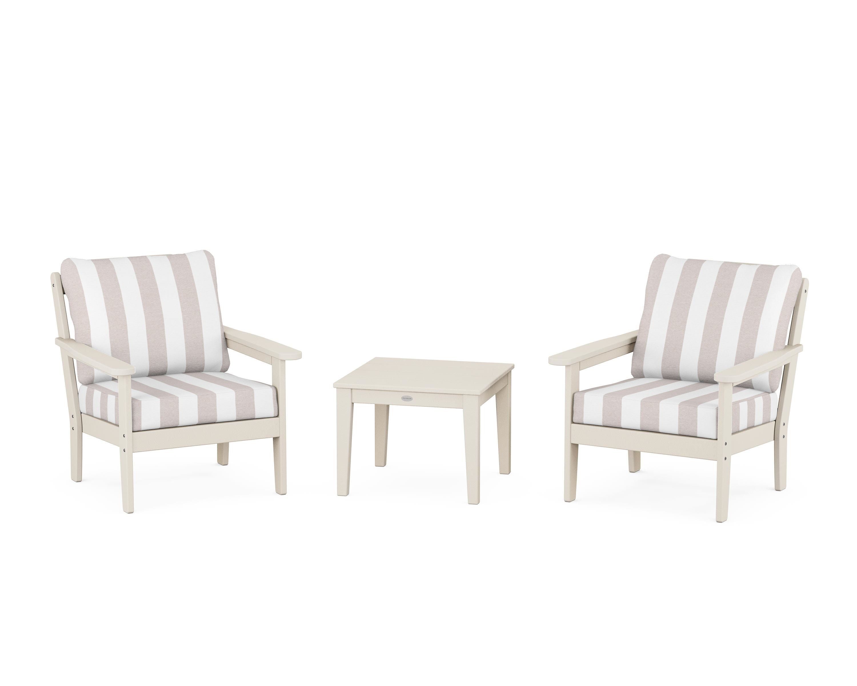 Country Living Cottage 3-Piece Deep Seating Set in Sand / Cabana Stripe Dune Burlap