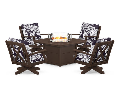POLYWOOD® Braxton 5-Piece Deep Seating Swivel Conversation Set with Fire Pit Table in Mahogany / Leaf Navy