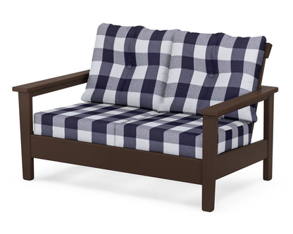 POLYWOOD® Prescott Deep Seating Loveseat in Mahogany / Buffalo Plaid Navy
