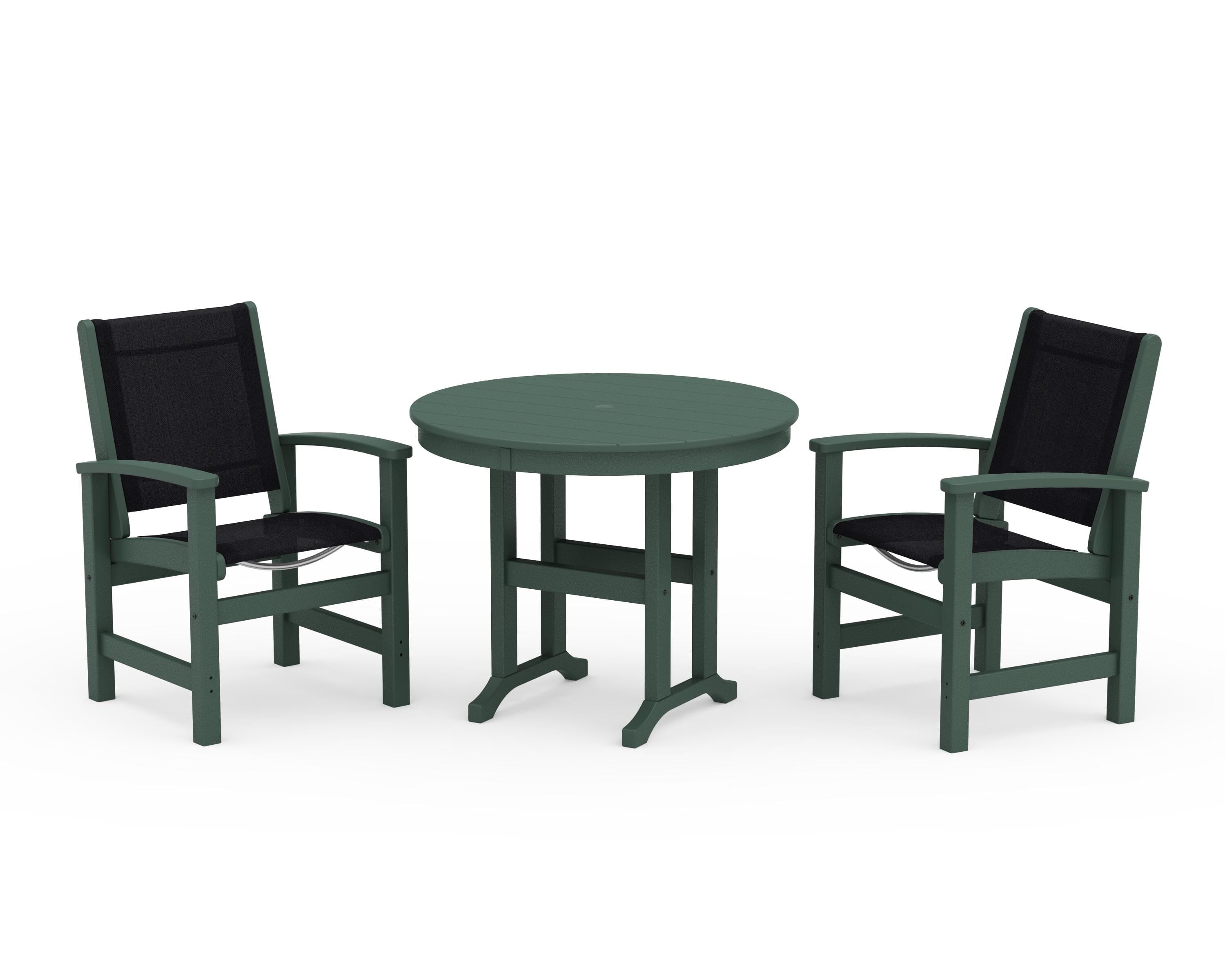POLYWOOD® Coastal 3-Piece Round Dining Set in Green / Black Sling