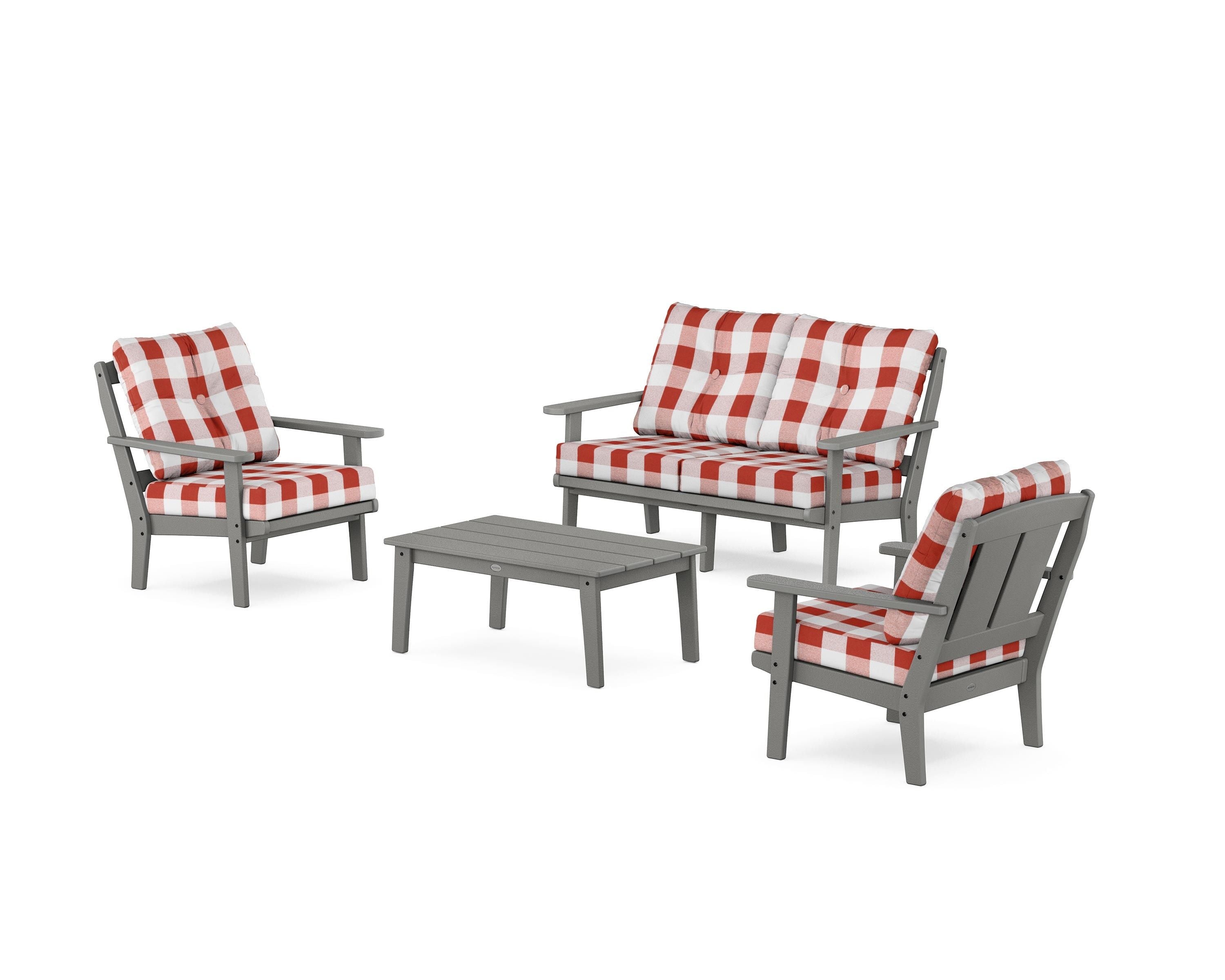 POLYWOOD® Mission 4-Piece Deep Seating Set with Loveseat in Slate Grey / Buffalo Plaid Crimson
