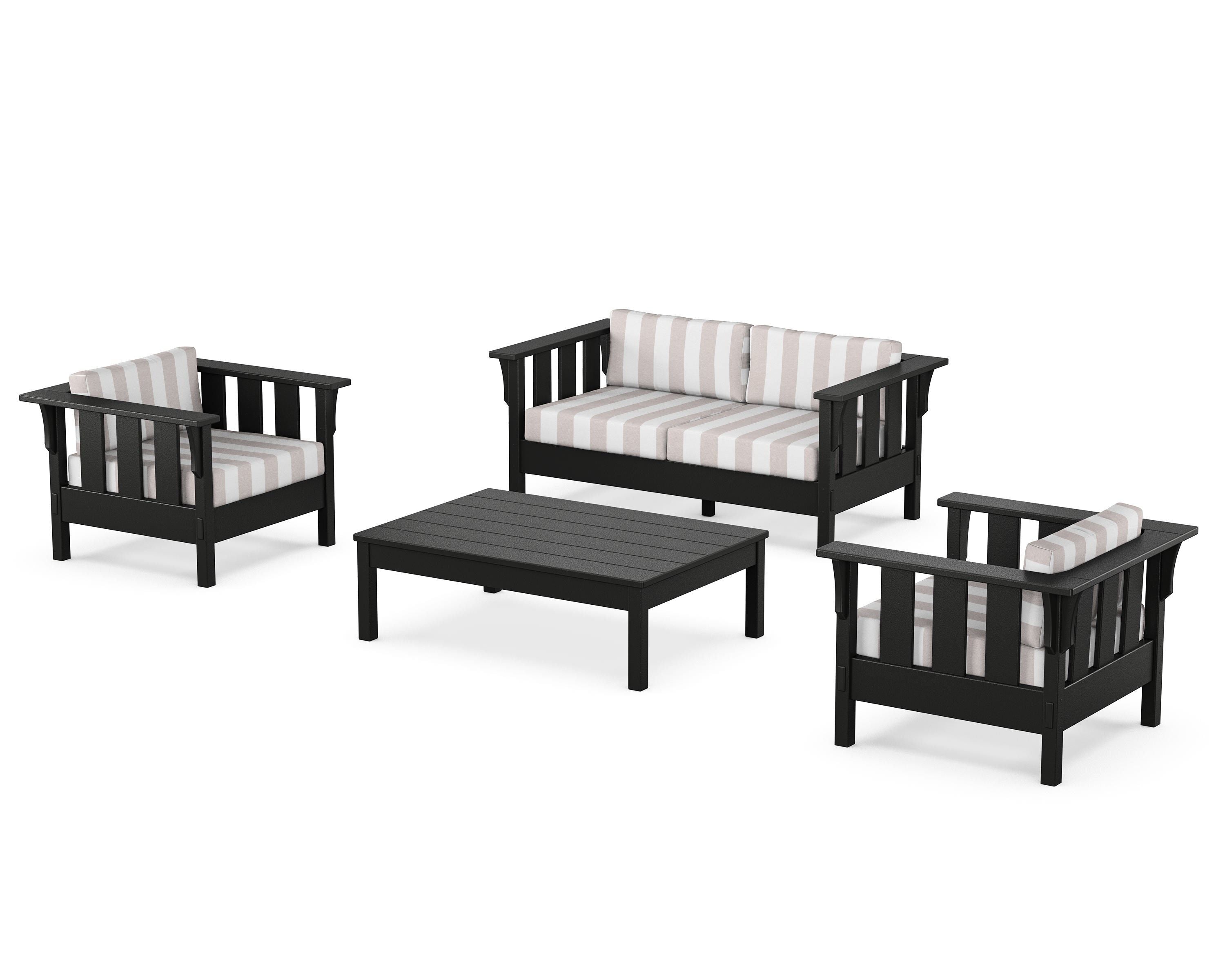 Martha Stewart by POLYWOOD® Acadia 4-Piece Deep Seating Set with Loveseat in Black / Cabana Stripe Dune Burlap