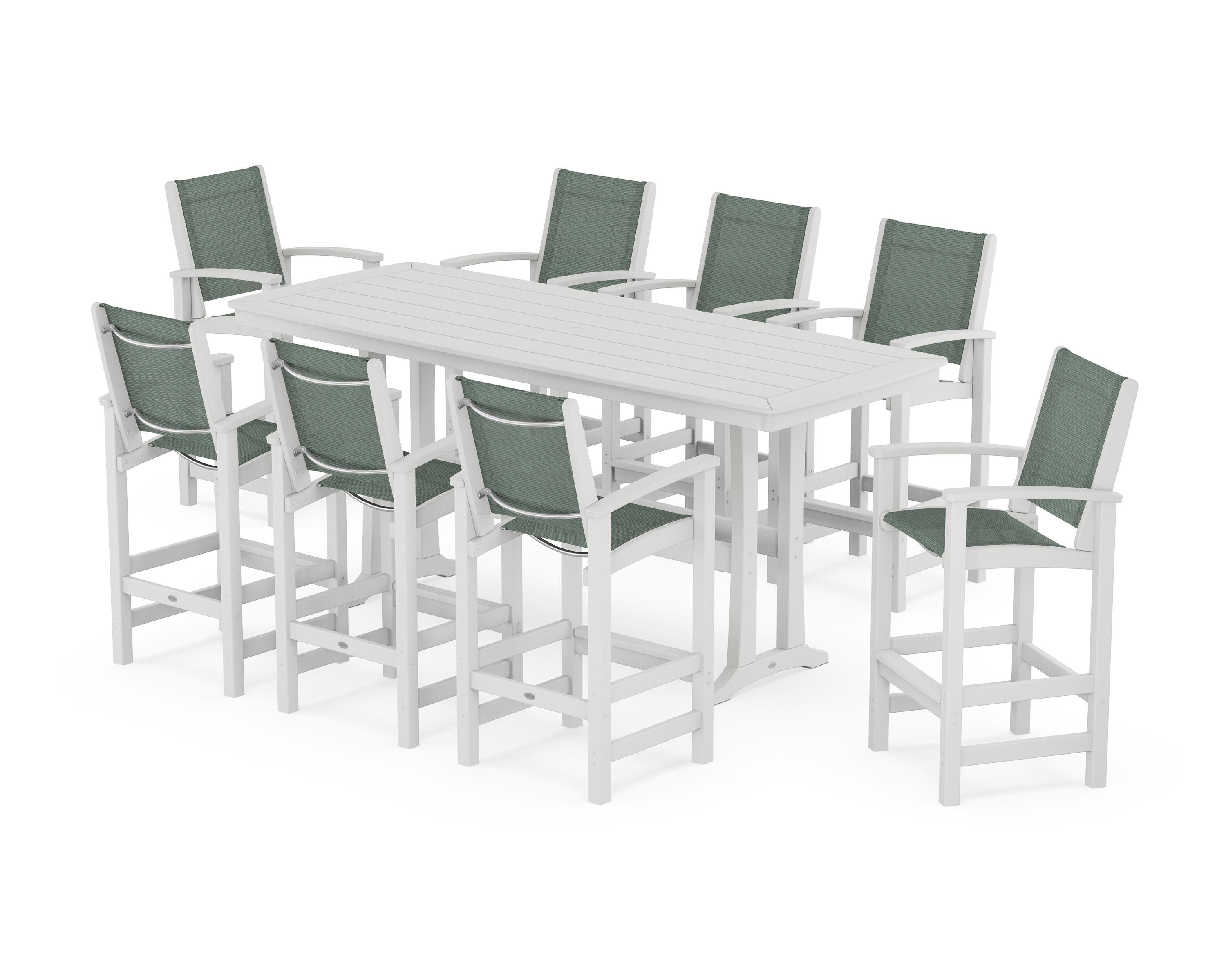 POLYWOOD® Coastal 9-Piece Bar Set with Trestle Legs in White / Dupioni Sea Mist Sling