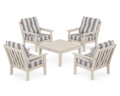 POLYWOOD® Vineyard 5-Piece Deep Seating Conversation Set in Sand / Cabana Stripe Grey Mist