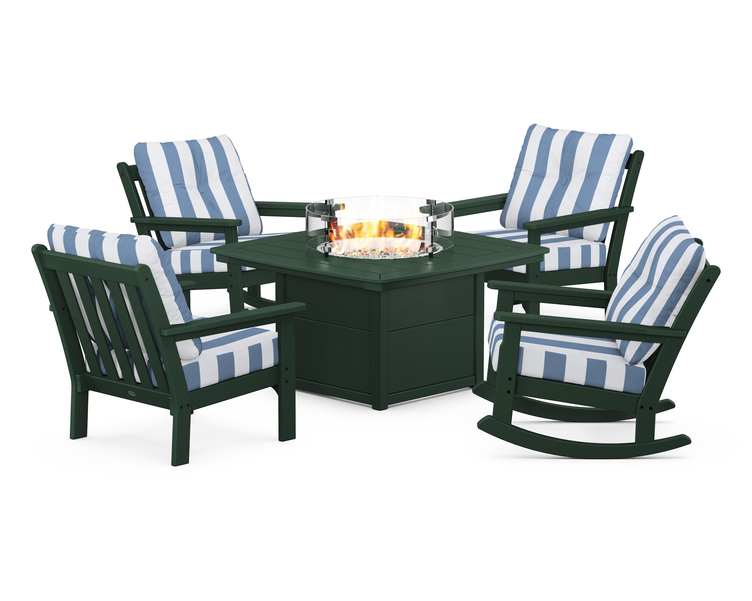 POLYWOOD® Vineyard 5-Piece Deep Seating Rocking Chair Conversation Set with Fire Pit Table in Green / Cabana Stripe Sky Blue