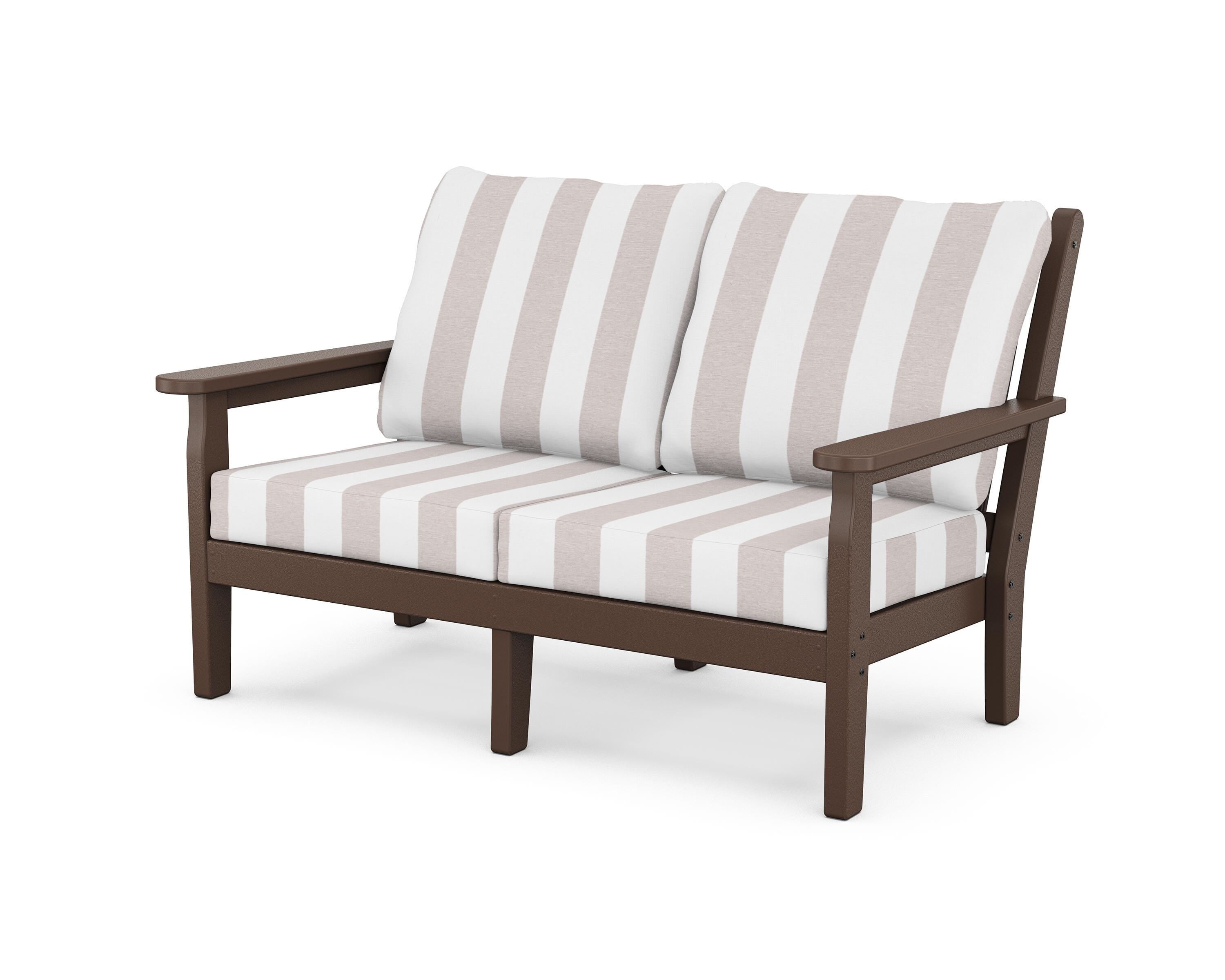 POLYWOOD® Chippendale Deep Seating Loveseat in Mahogany / Cabana Stripe Dune Burlap