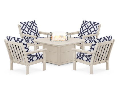 POLYWOOD® Vineyard 5-Piece Conversation Set with Fire Pit Table in Sand / Trellis Navy