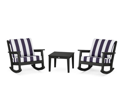 POLYWOOD® Chippendale 3-Piece Deep Seating Rocker Set in Black / Cabana Stripe Navy