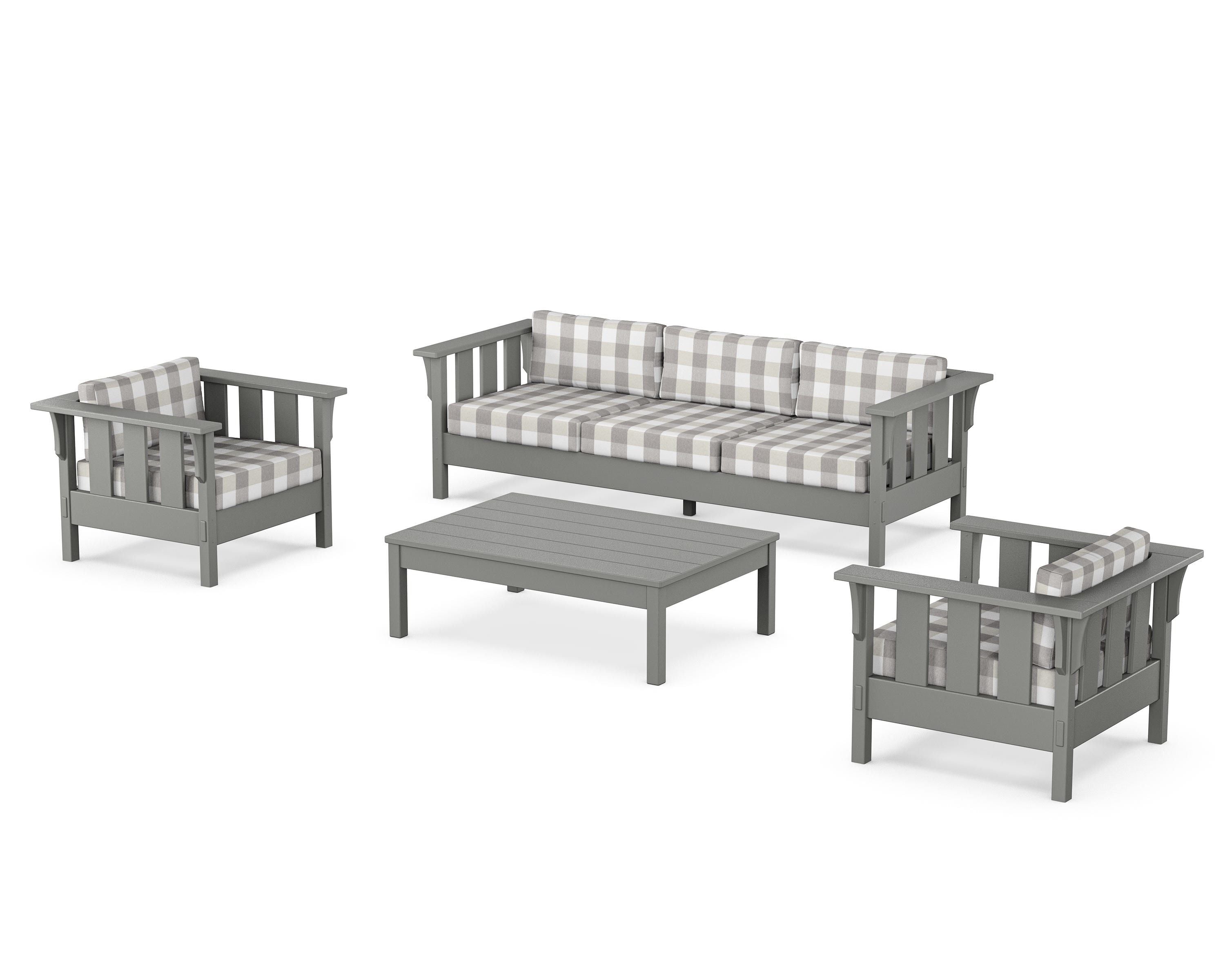Martha Stewart by POLYWOOD® Acadia 4-Piece Deep Seating Set with Sofa in Slate Grey / Buffalo Plaid Grey Mist