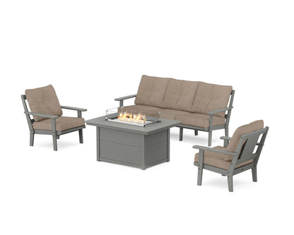 POLYWOOD® Prairie Deep Seating Fire Pit Table Set in Slate Grey / Spiced Burlap