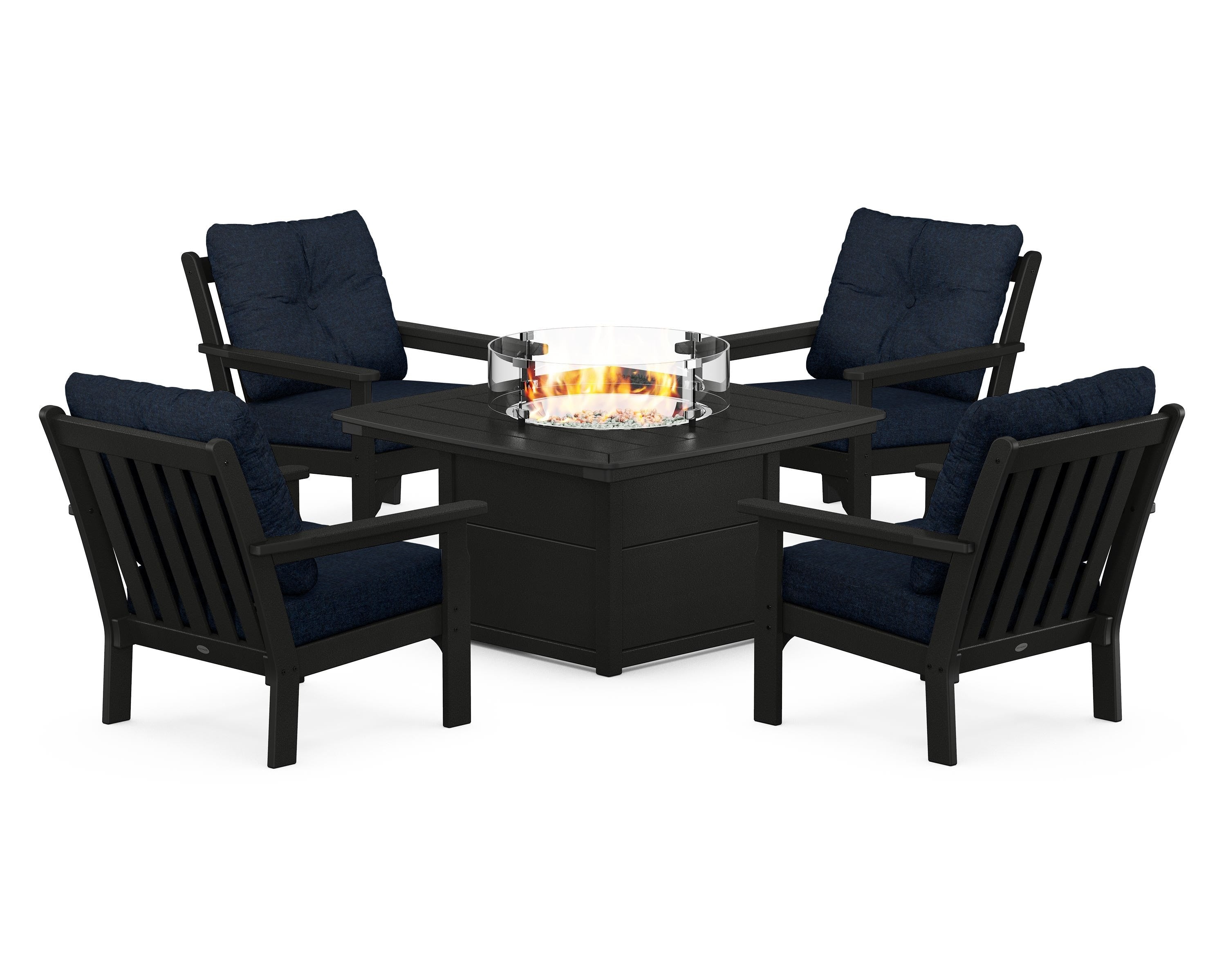 POLYWOOD® Vineyard 5-Piece Conversation Set with Fire Pit Table in Black / Marine Indigo