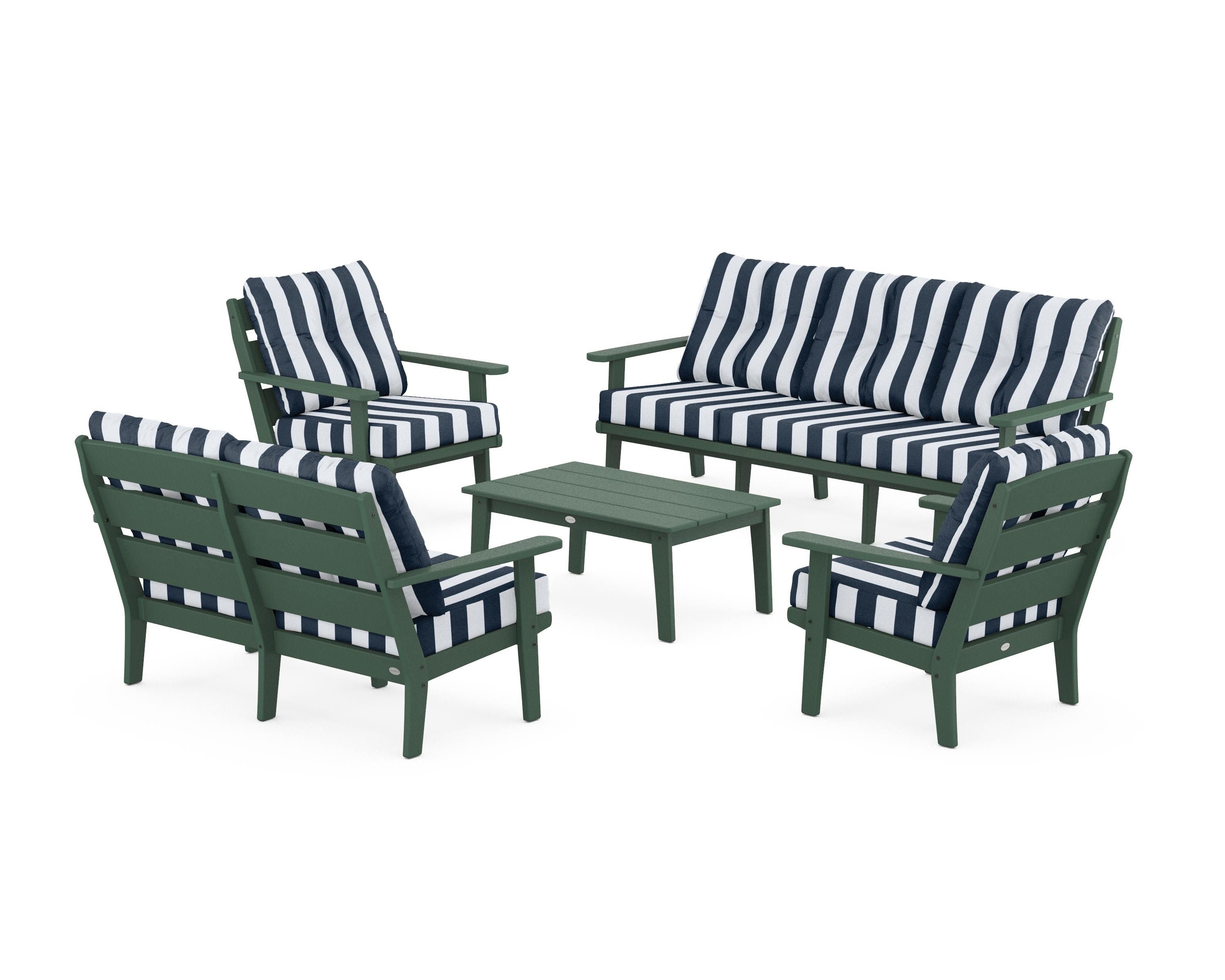 POLYWOOD® Lakeside 5-Piece Lounge Sofa Set in Green / Cabana Stripe Marine Indigo