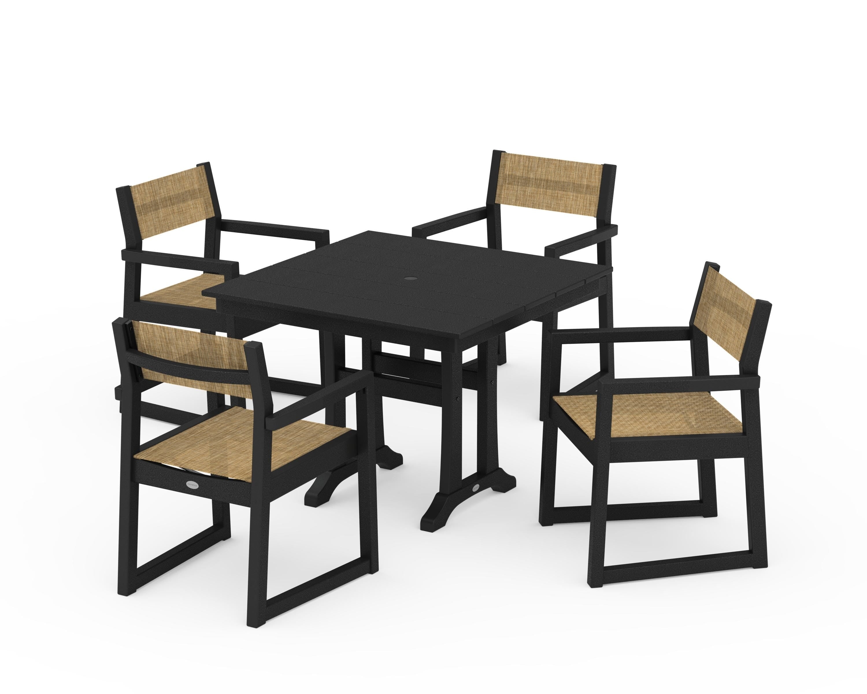 POLYWOOD® EDGE Sling 5-Piece Farmhouse Dining Set with Trestle Legs in Black / Burlap Sling