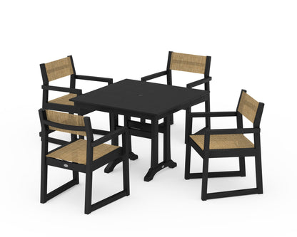 POLYWOOD® EDGE Sling 5-Piece Farmhouse Dining Set with Trestle Legs in Black / Burlap Sling