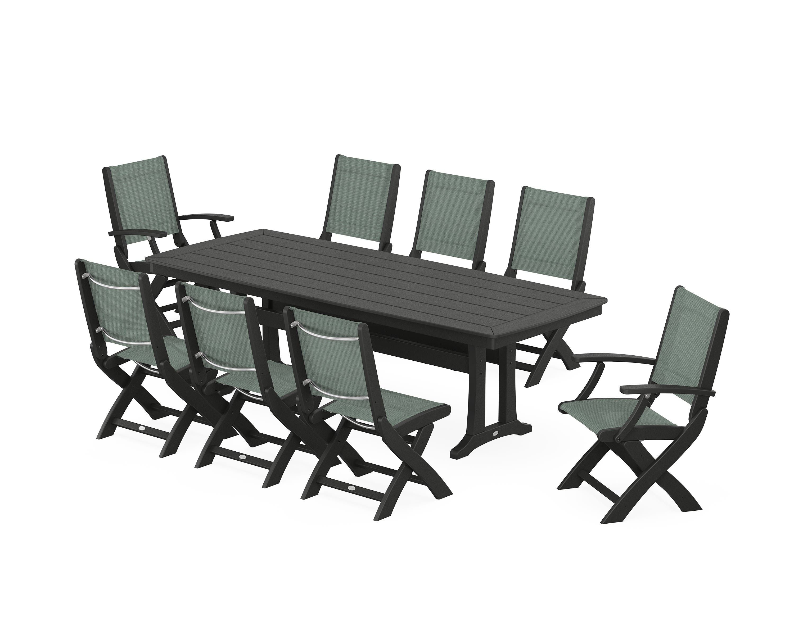 POLYWOOD® Coastal Folding 9-Piece Dining Set with Trestle Legs in Black / Dupioni Sea Mist Sling