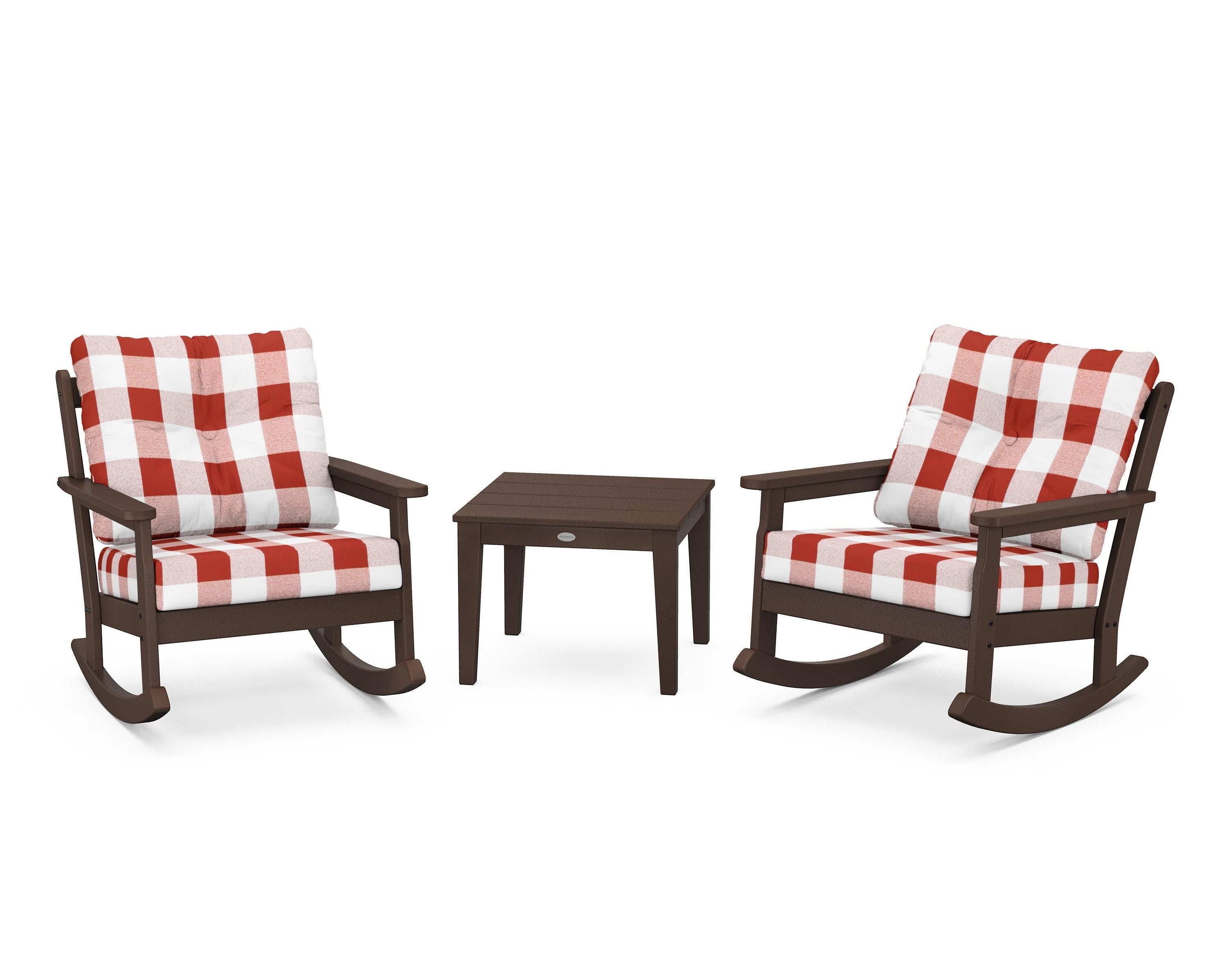 POLYWOOD® Vineyard 3-Piece Deep Seating Rocker Set in Mahogany / Buffalo Plaid Crimson