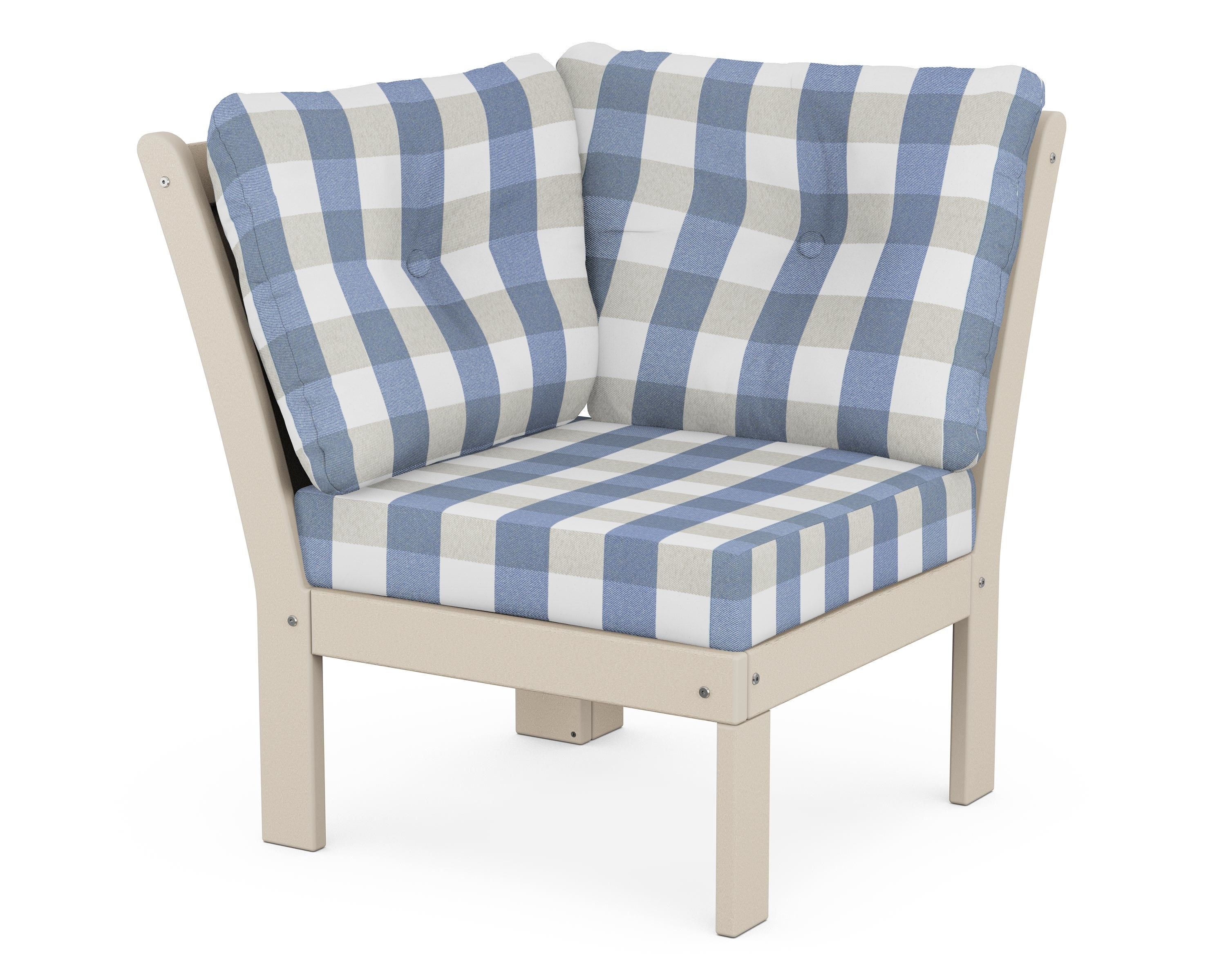 POLYWOOD® Vineyard Modular Corner Chair in Sand / Buffalo Plaid Sky Blue