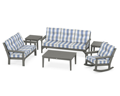 POLYWOOD® Vineyard 6-Piece Deep Seating Set in Slate Grey / Buffalo Plaid Sky Blue