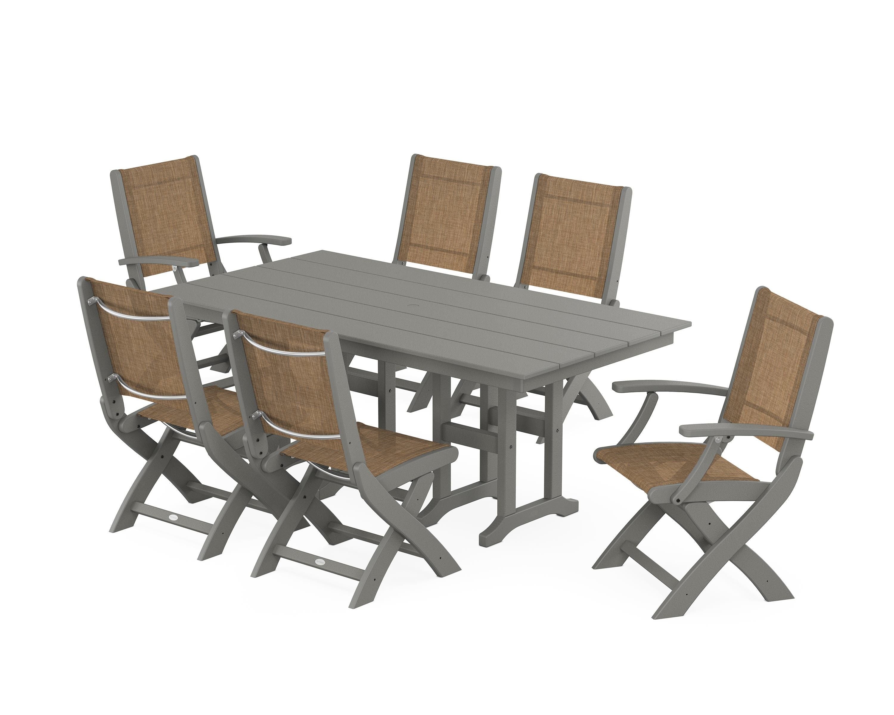 POLYWOOD® Coastal Folding Chair 7-Piece Farmhouse Dining Set in Slate Grey / Burlap Sling