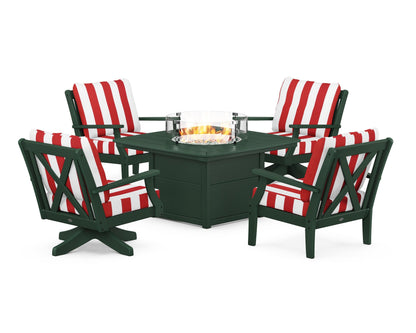 POLYWOOD® Braxton 5-Piece Deep Seating Set with Fire Table in Green / Cabana Stripe Crimson