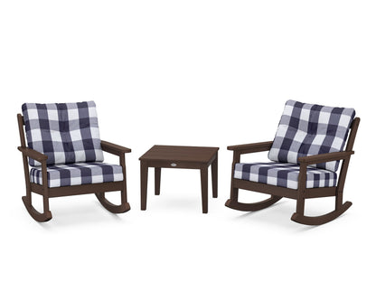 POLYWOOD® Vineyard 3-Piece Deep Seating Rocker Set in Mahogany / Buffalo Plaid Navy