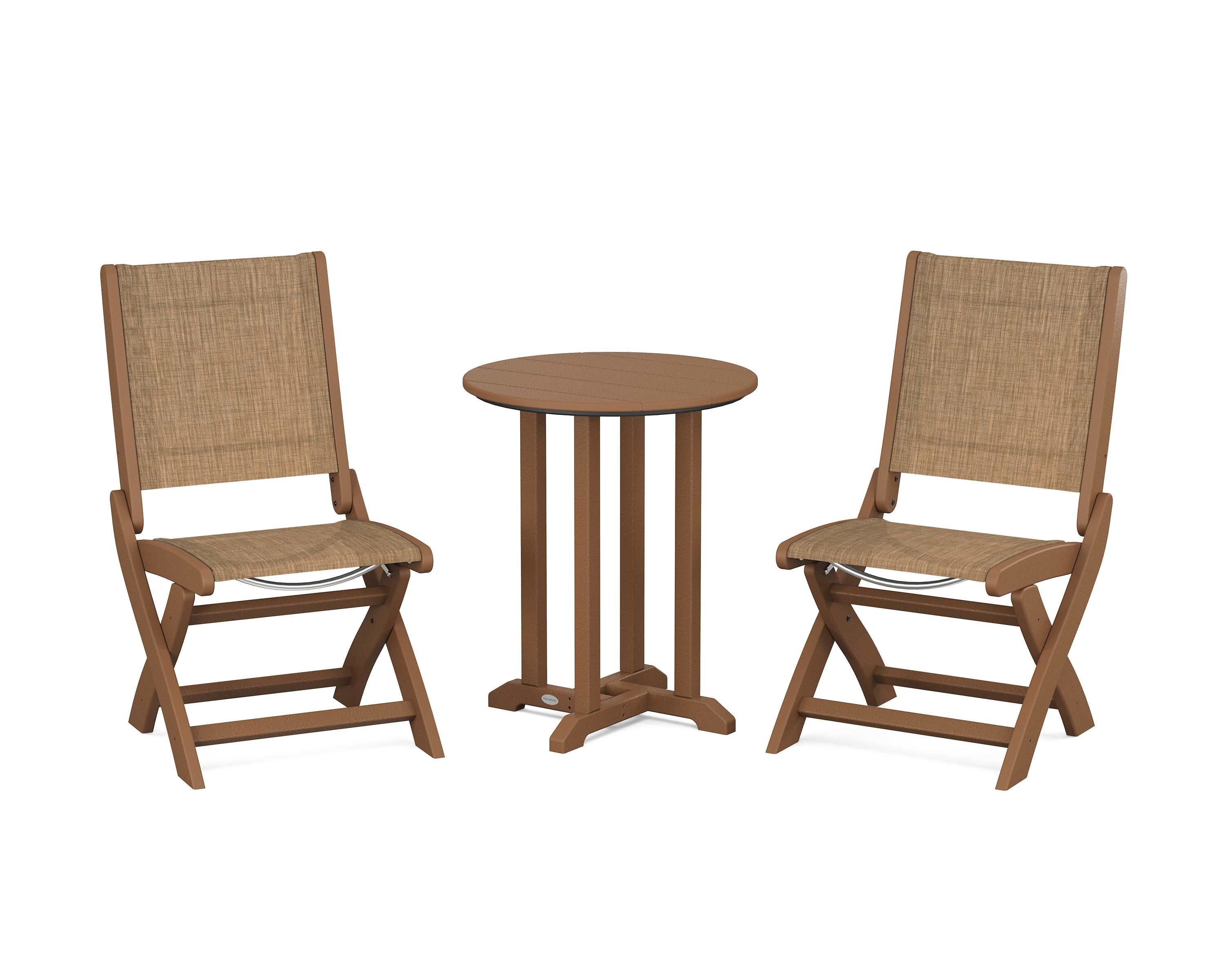 POLYWOOD® Coastal Folding Side Chair 3-Piece Round Bistro Dining Set in Teak / Burlap Sling