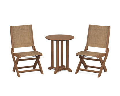 POLYWOOD® Coastal Folding Side Chair 3-Piece Round Bistro Dining Set in Teak / Burlap Sling