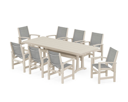 POLYWOOD® Coastal 9-Piece Farmhouse Dining Set with Trestle Legs in Sand / Metallic Sling
