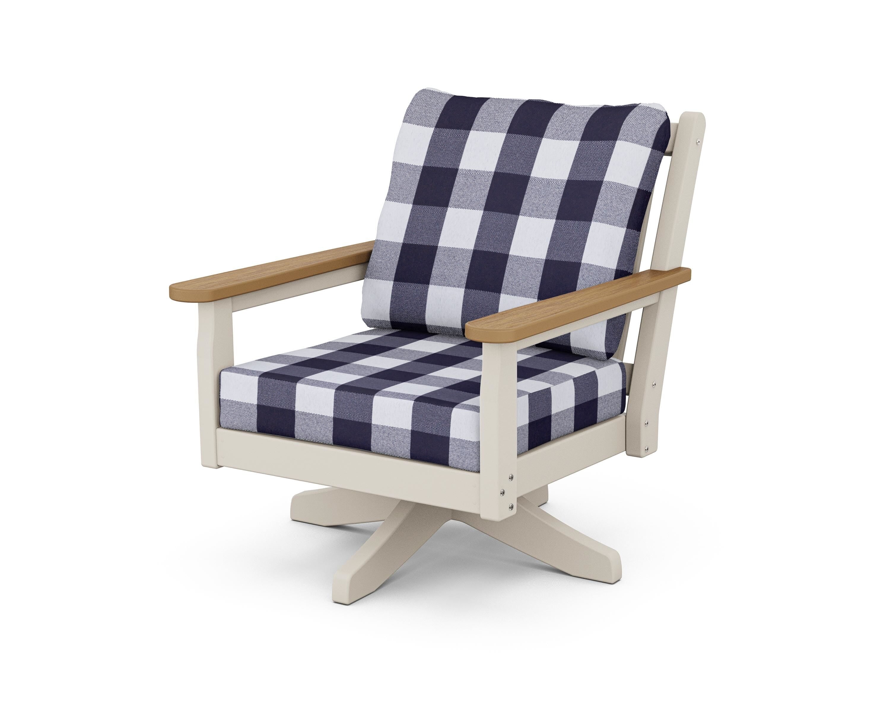 POLYWOOD® Chippendale Deep Seating Swivel Chair in Sand / Natural / Buffalo Plaid Navy