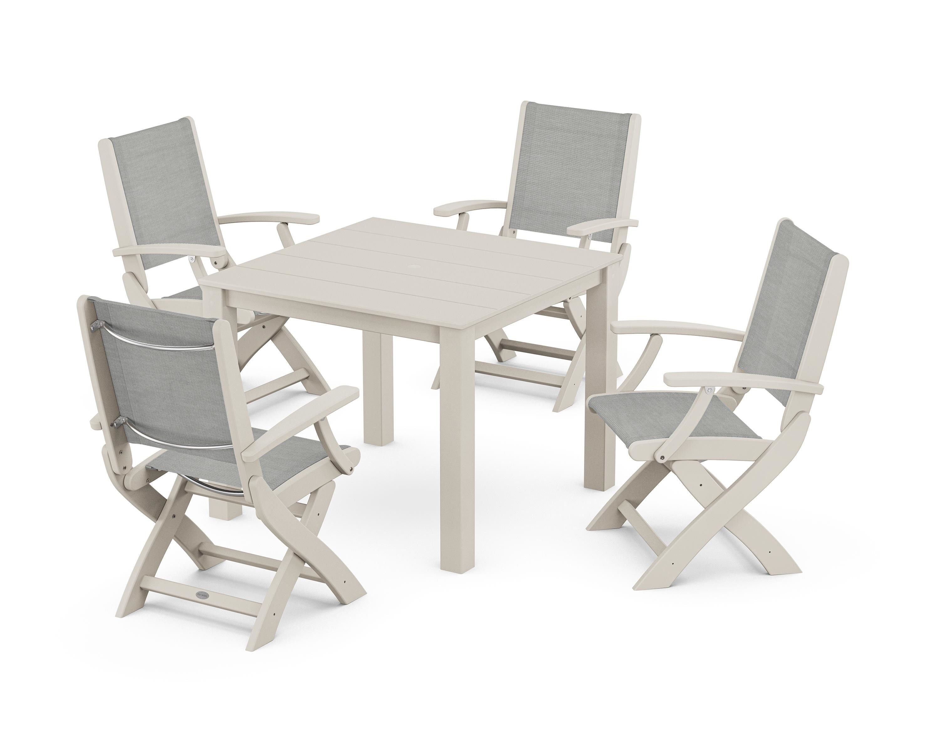 POLYWOOD® Coastal Folding Chair 5-Piece Parsons Dining Set in Sand / Metallic Sling