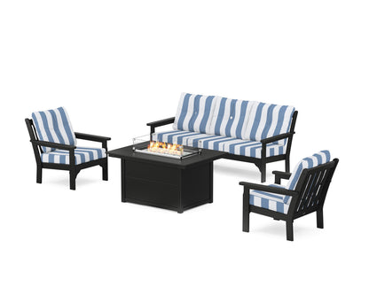 POLYWOOD® Vineyard Deep Seating Fire Pit Table Set in Black / Cabana Stripe Sky Blue