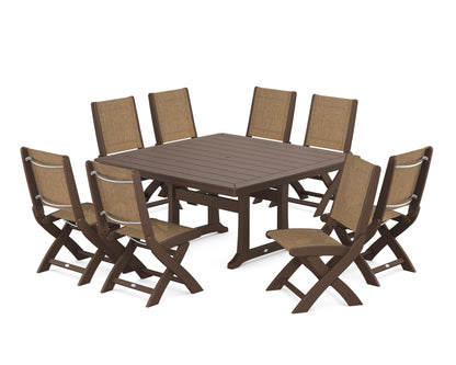 POLYWOOD® Coastal Folding Side Chair 9-Piece Dining Set with Trestle Legs in Mahogany / Burlap Sling