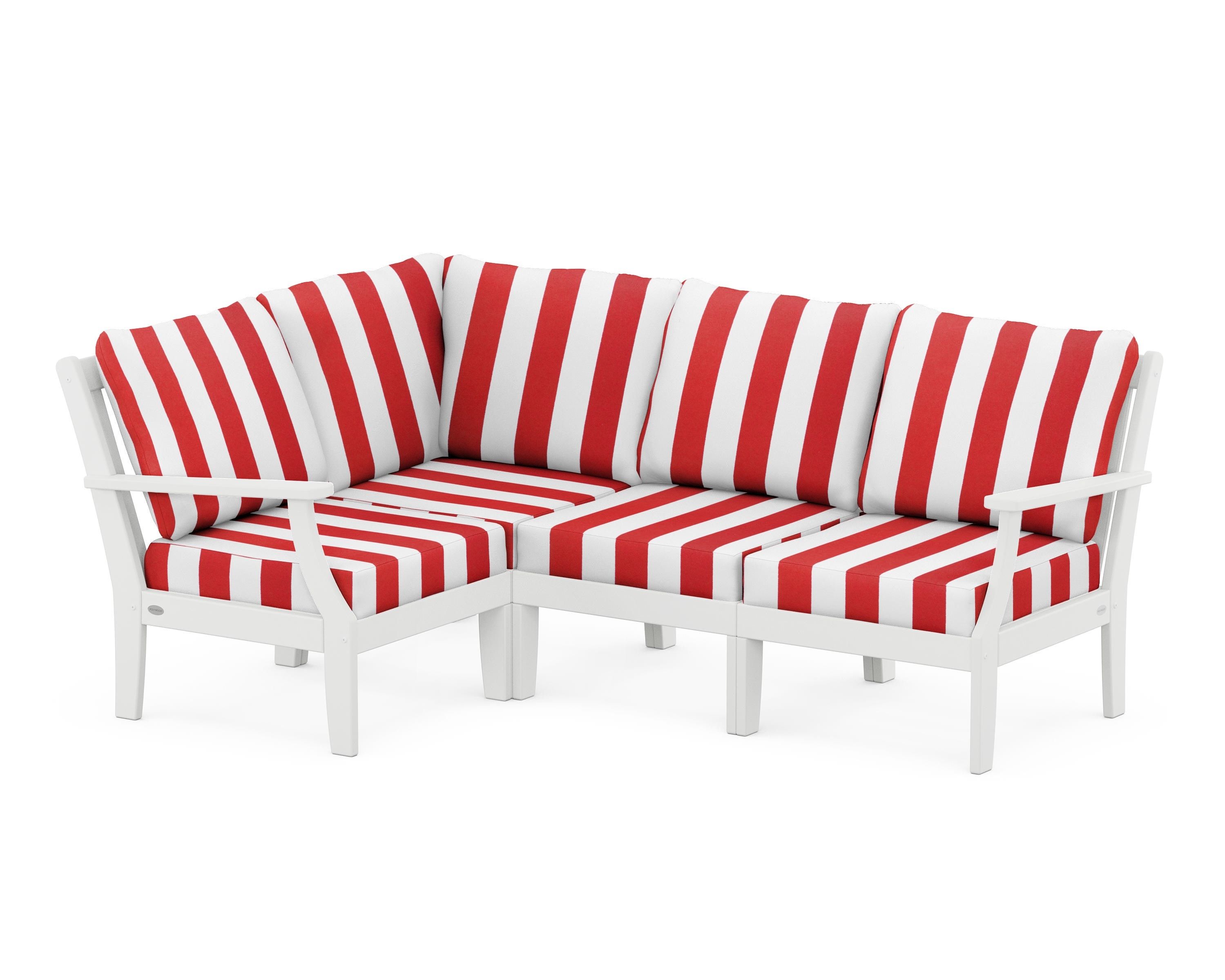 POLYWOOD® Braxton Modular 4-Piece Deep Seating Set in White / Cabana Stripe Crimson