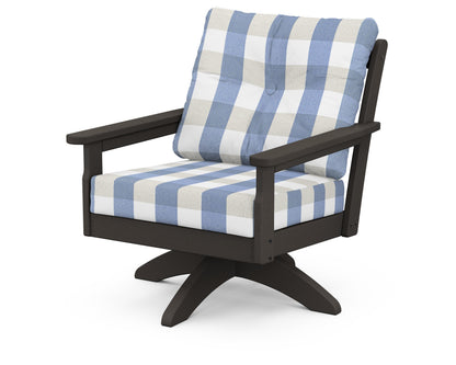 POLYWOOD® Vineyard Deep Seating Swivel Chair in Vintage Coffee / Buffalo Plaid Sky Blue