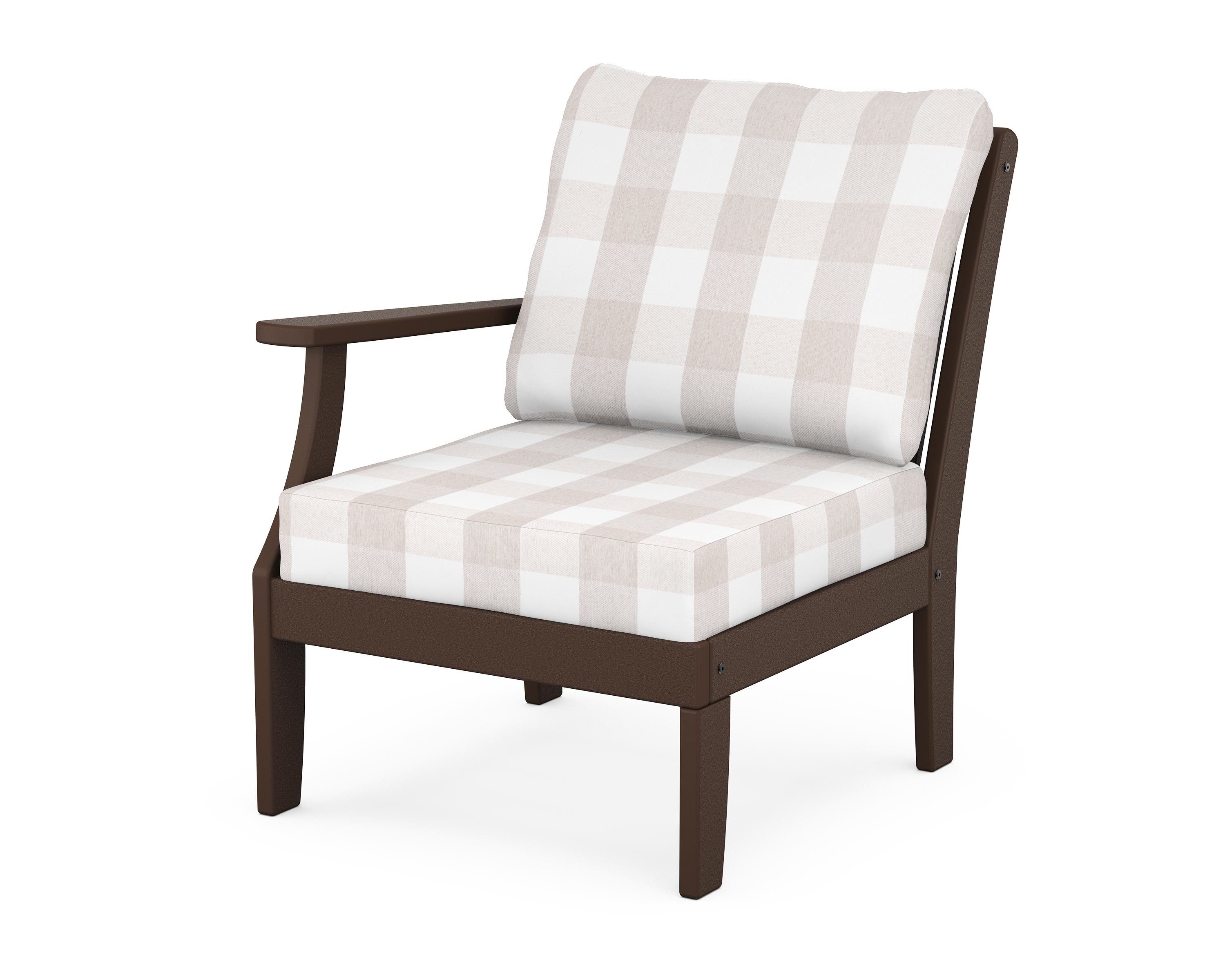 POLYWOOD® Braxton Modular Left Arm Chair in Mahogany / Buffalo Plaid Dune Burlap
