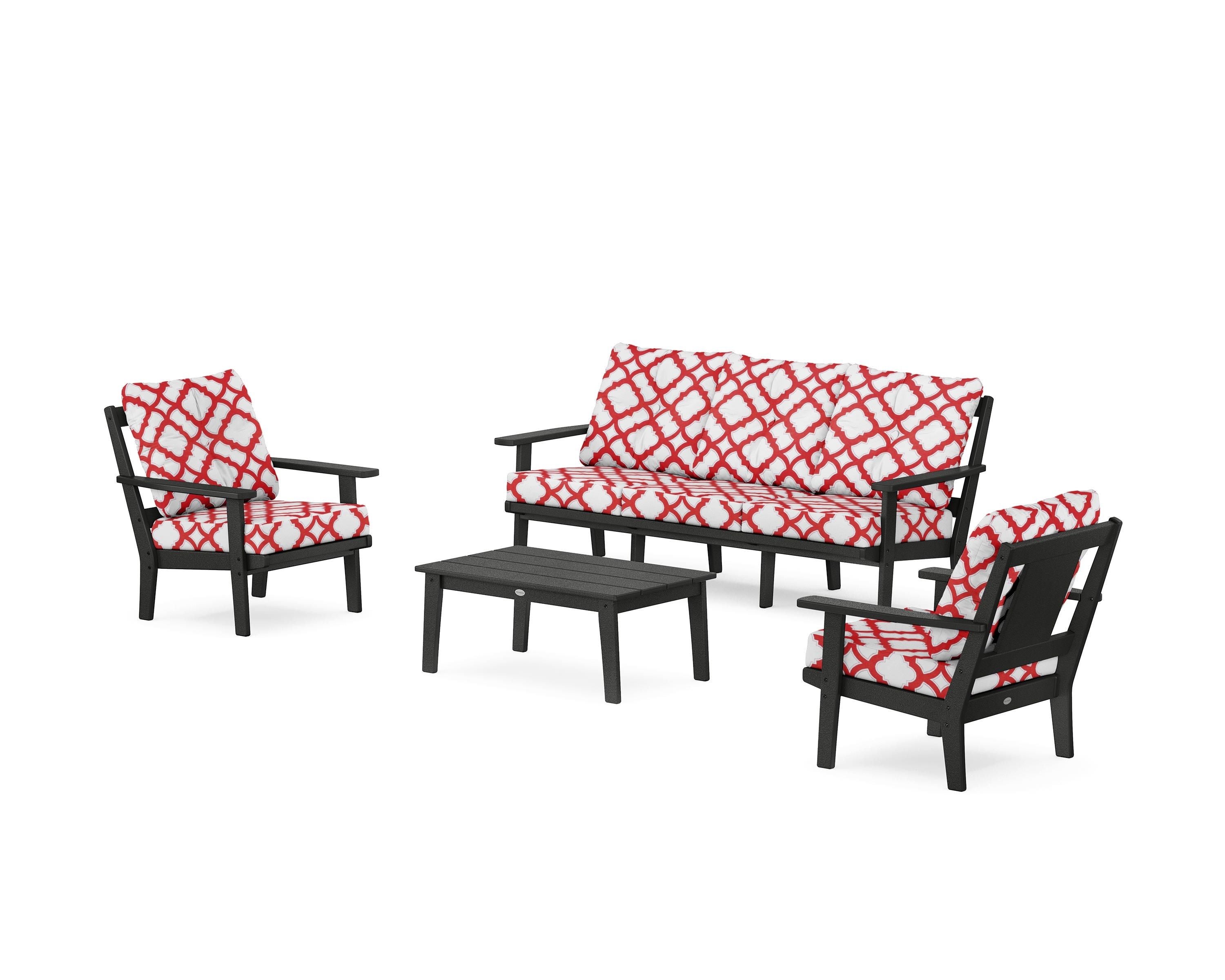 POLYWOOD® Prairie 4-Piece Deep Seating Set with Sofa in Black / Trellis Crimson