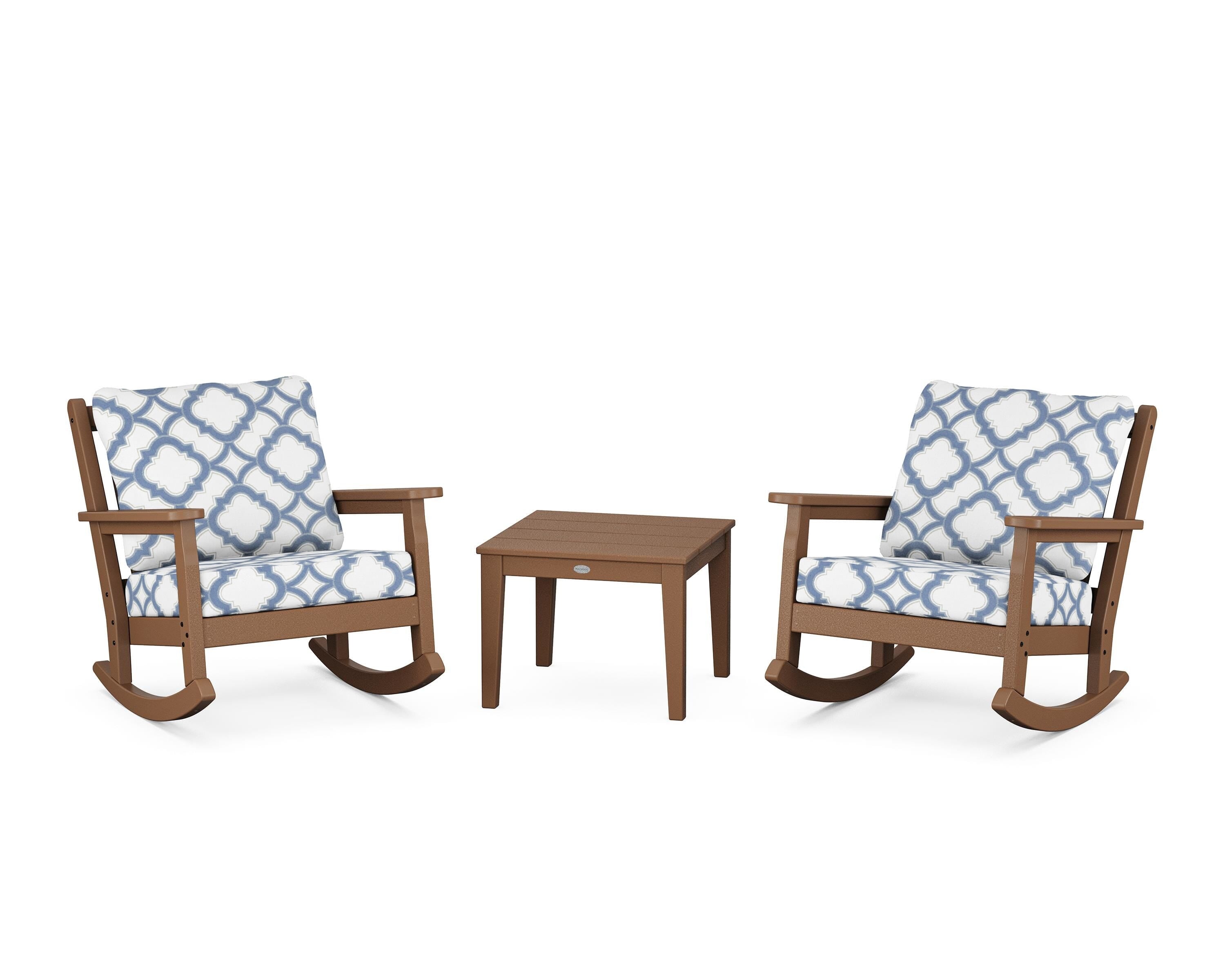 POLYWOOD® Chippendale 3-Piece Deep Seating Rocker Set in Teak / Trellis Sky Blue