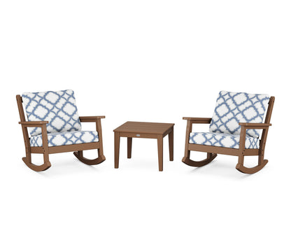POLYWOOD® Chippendale 3-Piece Deep Seating Rocker Set in Teak / Trellis Sky Blue
