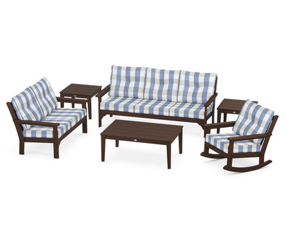 POLYWOOD® Vineyard 6-Piece Deep Seating Set in Mahogany / Buffalo Plaid Sky Blue