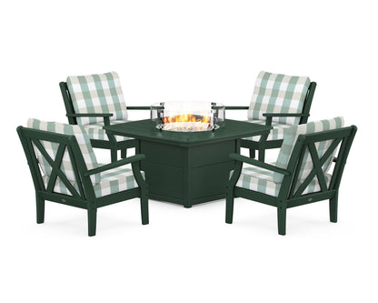 POLYWOOD® Braxton 5-Piece Deep Seating Conversation Set with Fire Pit Table in Green / Buffalo Plaid Glacier Spa
