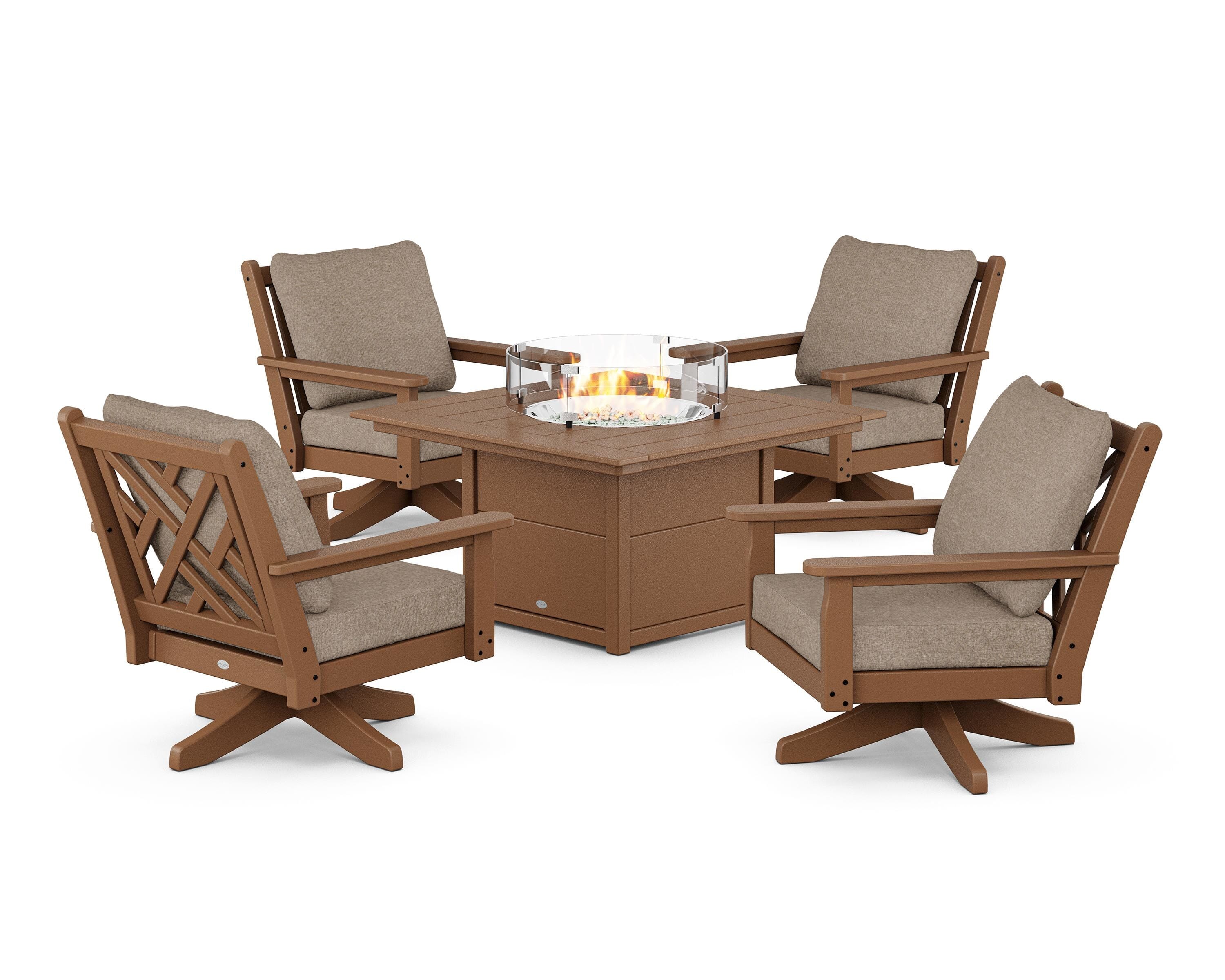 POLYWOOD® Chippendale 5-Piece Deep Seating Swivel Conversation Set with Fire Pit Table in Teak / Spiced Burlap