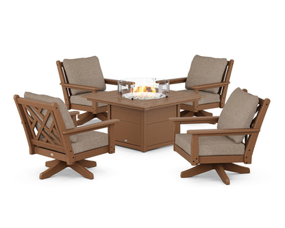 POLYWOOD® Chippendale 5-Piece Deep Seating Swivel Conversation Set with Fire Pit Table in Teak / Spiced Burlap